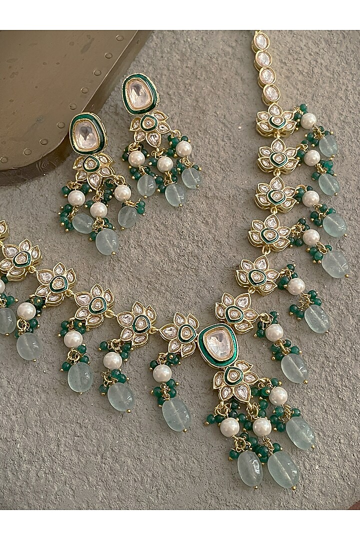 Gold Finish Jadau Kundan Polki Floral Necklace Set by Saga Jewels at Pernia's Pop Up Shop