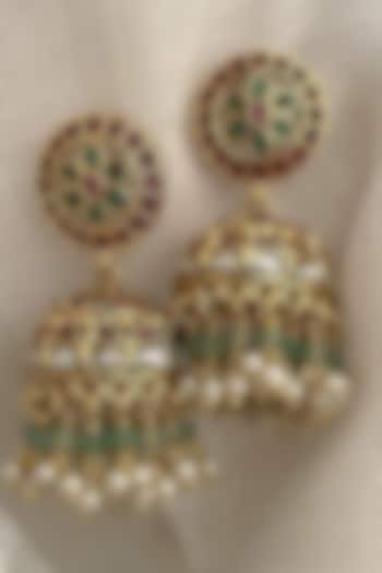 Gold Finish Kundan Polki Temple Jhumka Earrings by Saga Jewels at Pernia's Pop Up Shop