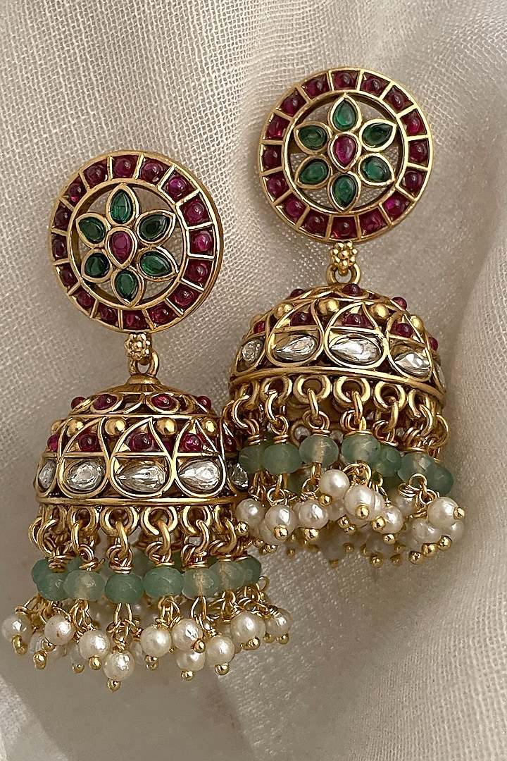 Gold Finish Kundan Polki Temple Jhumka Earrings by Saga Jewels at Pernia's Pop Up Shop