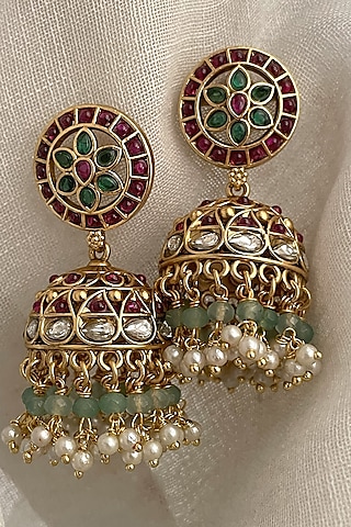 Gold Finish Kundan Polki Temple Jhumka Earrings by Saga Jewels