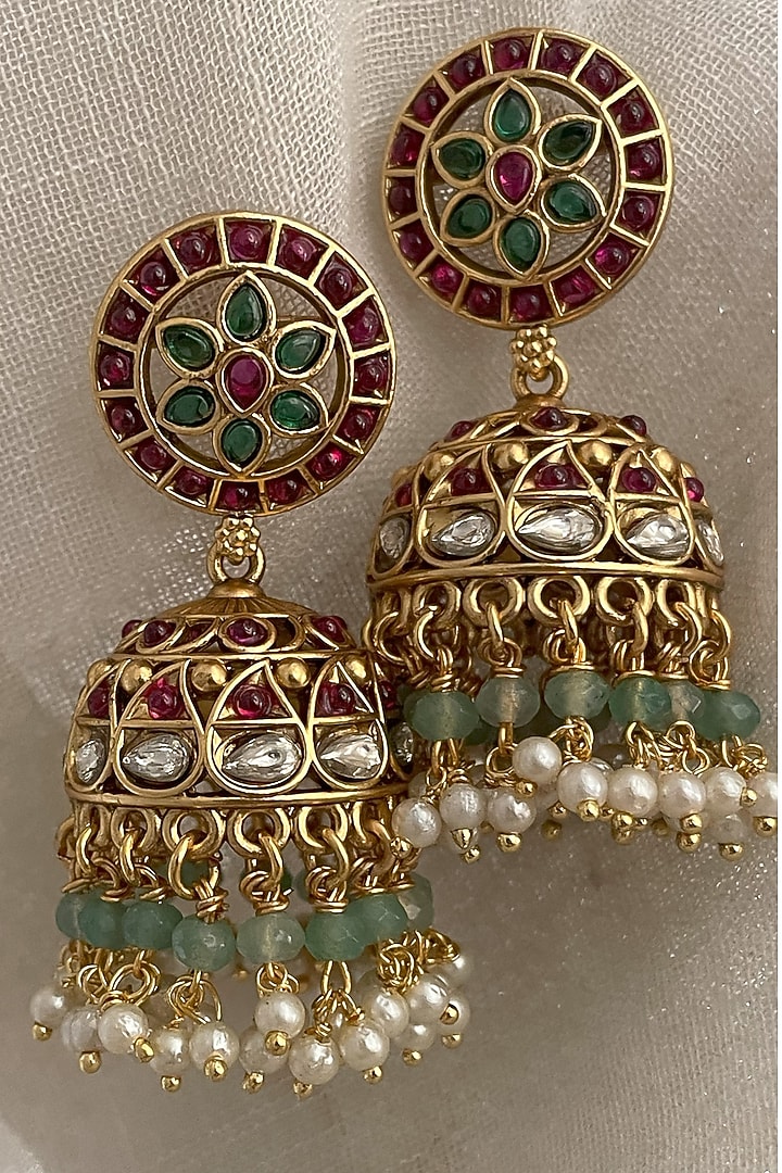 Gold Finish Kundan Polki Temple Jhumka Earrings by Saga Jewels at Pernia's Pop Up Shop