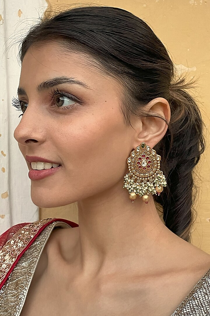 Gold Finish Kundan Polki Rajwadi Stud Earrings by Saga Jewels at Pernia's Pop Up Shop