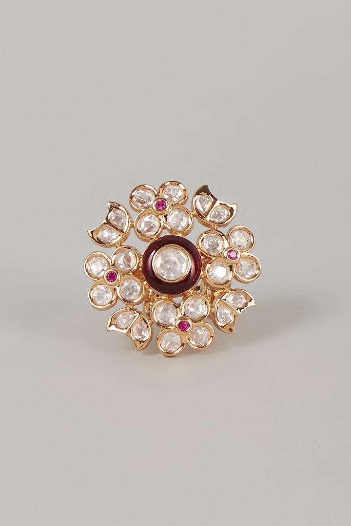Gold Finish Kundan Polki Floral Ring by Saga Jewels