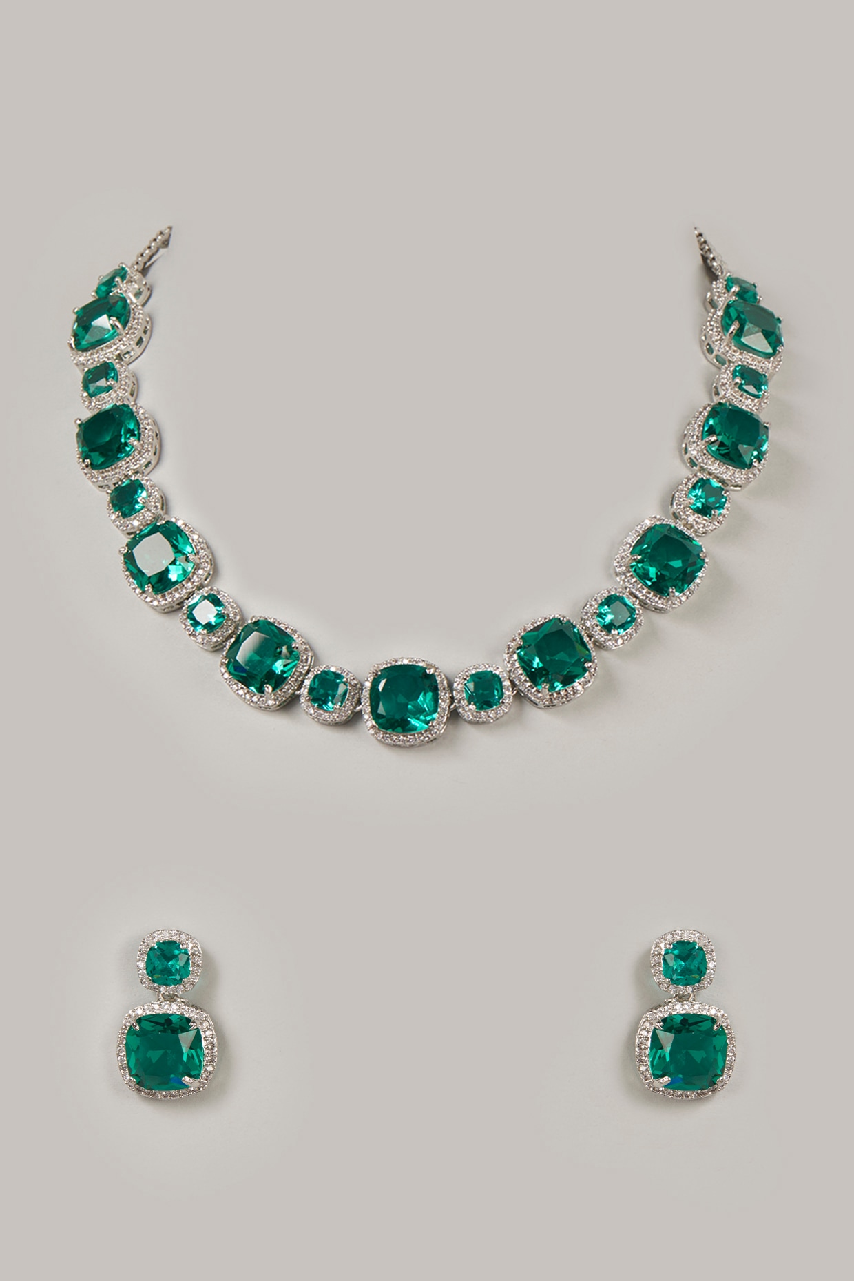 Hollywood Romance Diamonesk Simulated Emerald And Diamonds Necklace & Earrings  Set