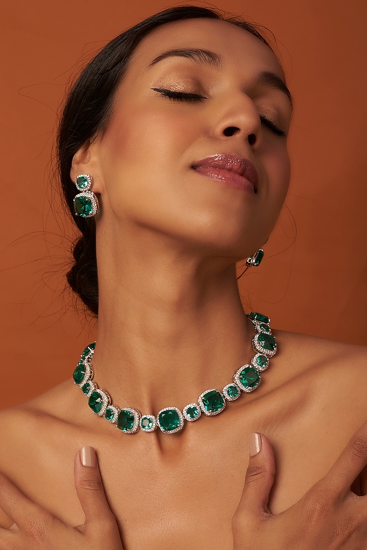 White Finish Emerald Necklace Set by Saga Jewels