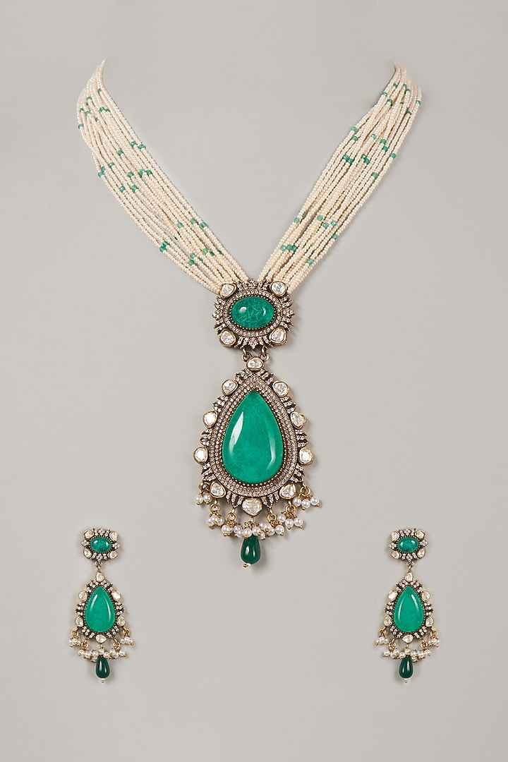 Black Rhodium Finish Kundan Polki & Pearl Necklace Set by Saga Jewels at Pernia's Pop Up Shop