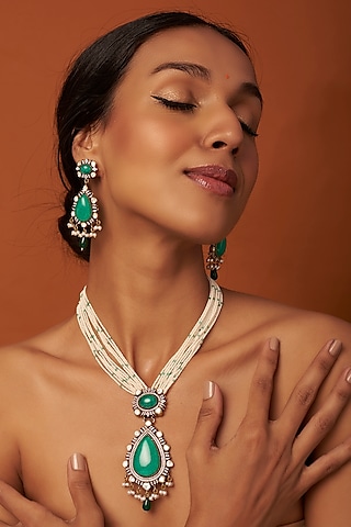 Black Rhodium Finish Kundan Polki & Pearl Necklace Set by Saga Jewels