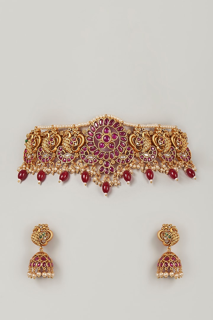 Gold Finish Temple Necklace Set by Saga Jewels at Pernia's Pop Up Shop