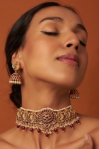 Gold Finish Temple Necklace Set by Saga Jewels