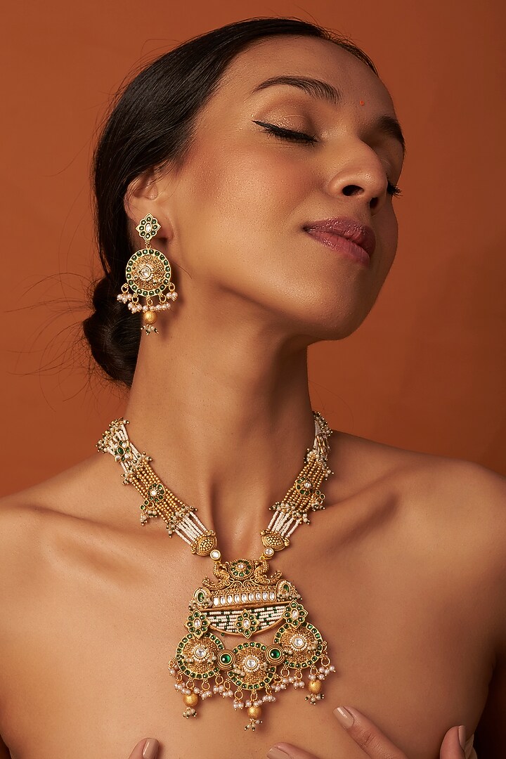Gold Finish Temple Necklace Set by Saga Jewels at Pernia's Pop Up Shop