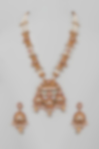 Gold Finish Temple Necklace Set With Kundan Polki by Saga Jewels