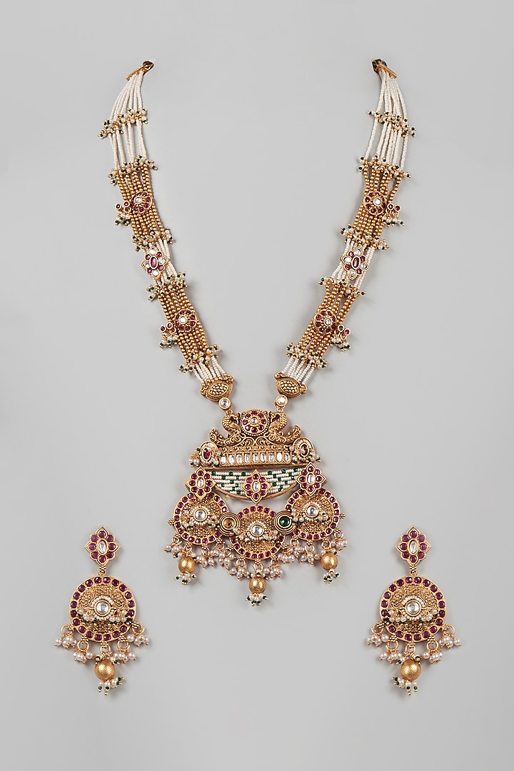 Gold Finish Temple Necklace Set With Kundan Polki by Saga Jewels