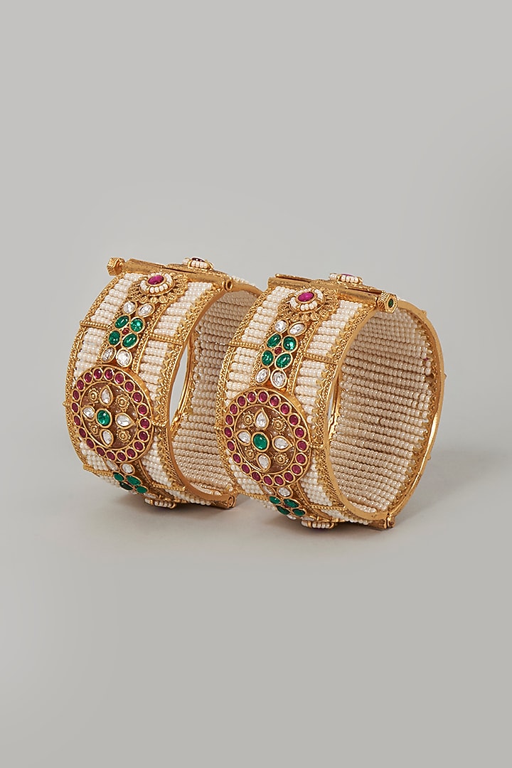 Gold Finish Jadau Bangles (Set of 2) by Saga Jewels at Pernia's Pop Up Shop