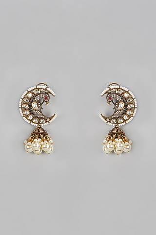 Black Rhodium Finish Kundan Polki & Pearl Jhumka Earrings by Saga Jewels