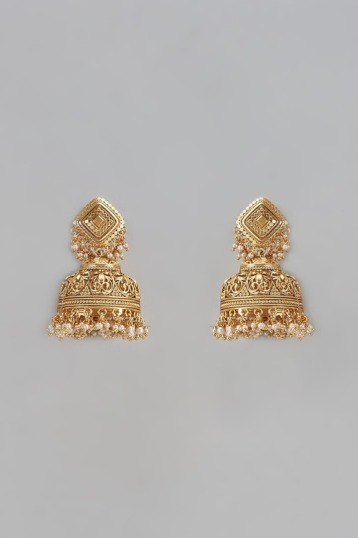 Gold Finish Kundan Polki Jhumka Earrings by Saga Jewels at Pernia's Pop Up Shop
