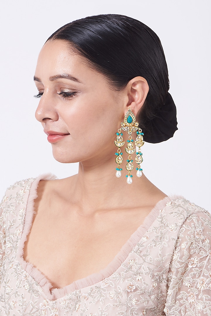 Gold Finish Turquoise Stone Chandelier Earrings by Saga Jewels