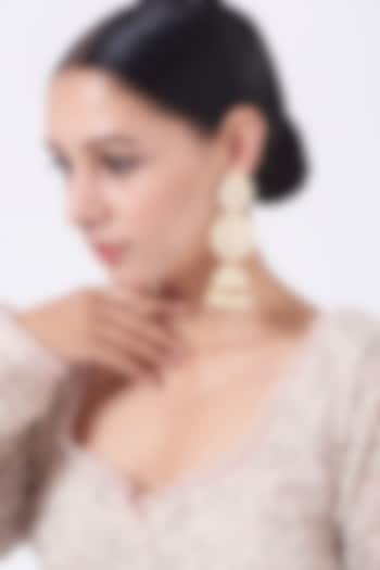 Gold Finish Pearl Long Jhumka Earrings by Saga Jewels