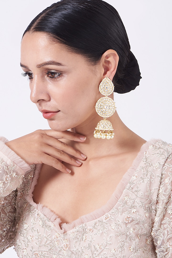 Gold Finish Pearl Long Jhumka Earrings by Saga Jewels