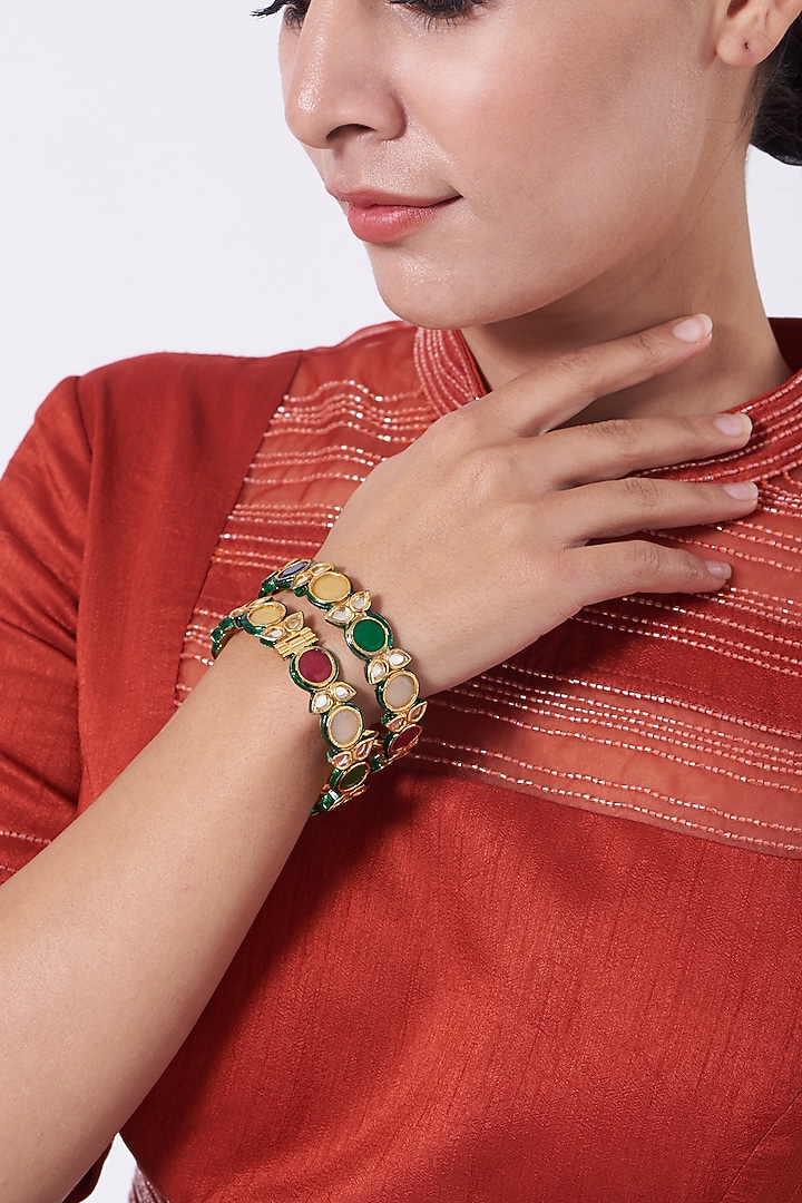 Gold Finish Navratna Bangles (Set of 2) by Saga Jewels at Pernia's Pop Up Shop