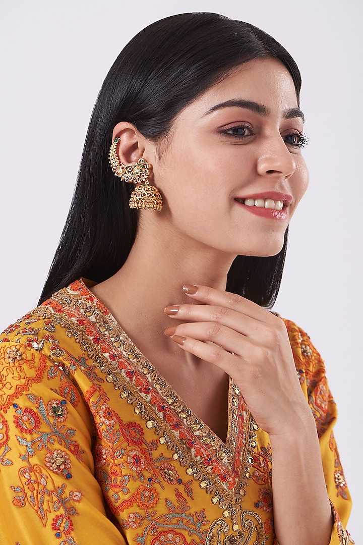 Gold Finish Multi-Colored Stone Temple Jhumka Earrings by Saga Jewels at Pernia's Pop Up Shop