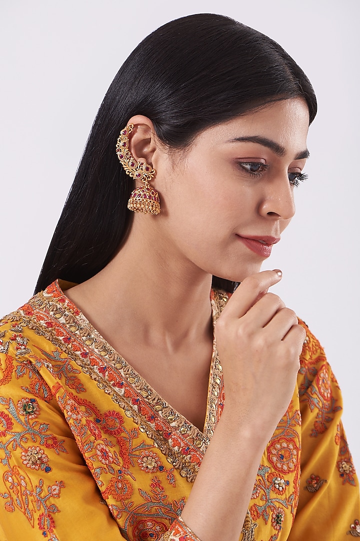 Gold Finish Faux Ruby Temple Jhumka Earrings by Saga Jewels at Pernia's Pop Up Shop