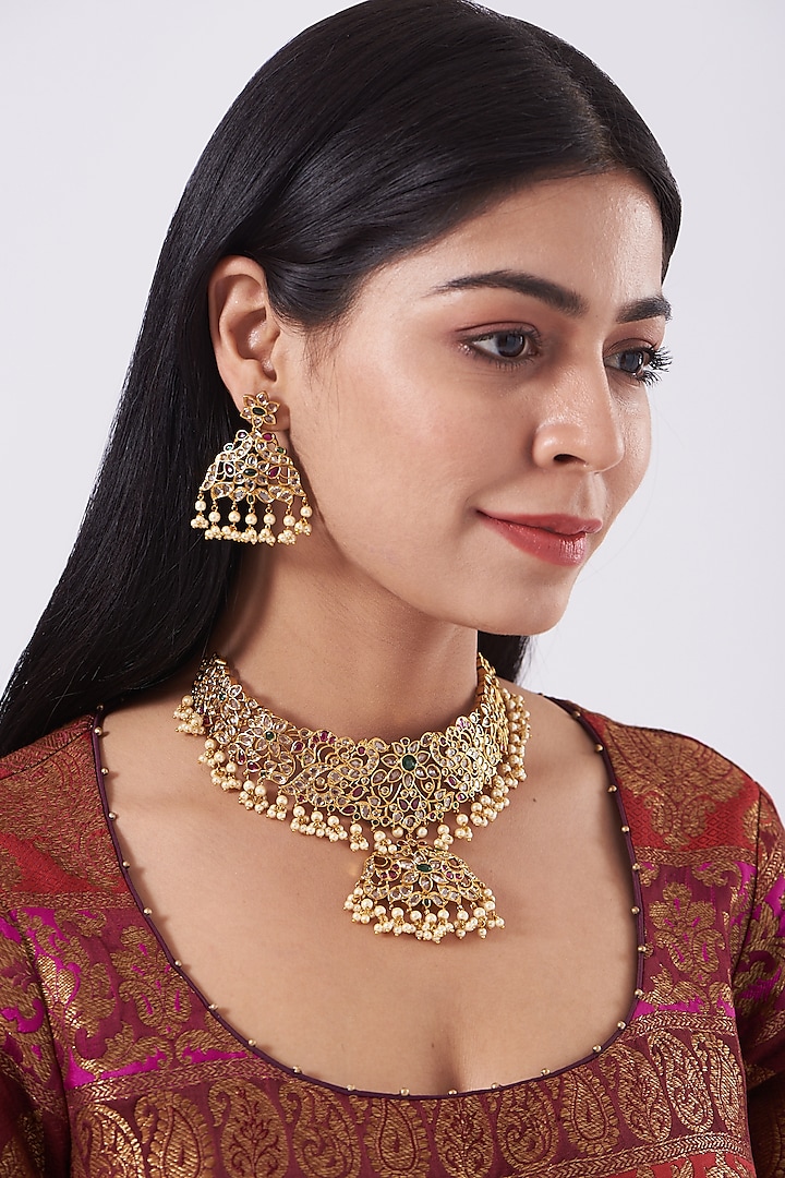 Gold Finish Pearl Temple Necklace Set by Saga Jewels