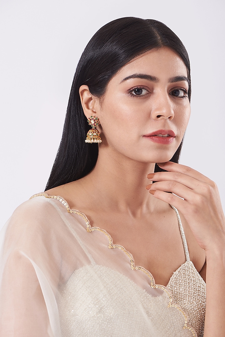 Gold Finish Faux Ruby & Pearl Temple Jhumka Earrings by Saga Jewels
