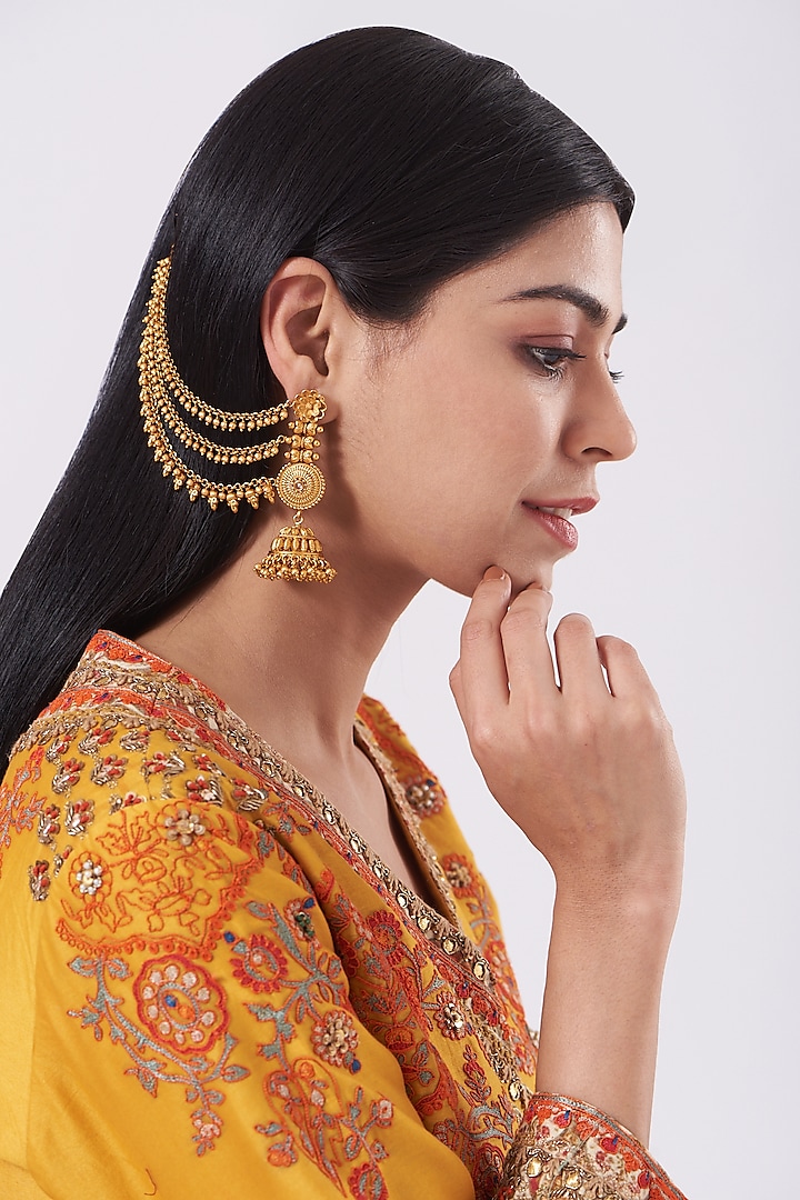 Gold Finish Temple Jhumka Earrings by Saga Jewels