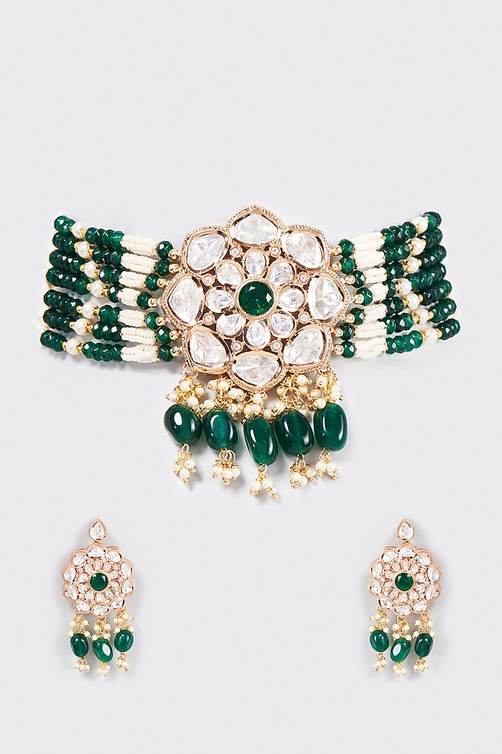 Gold Finish Kundan Polki Floral Choker Necklace Set by Saga Jewels at Pernia's Pop Up Shop