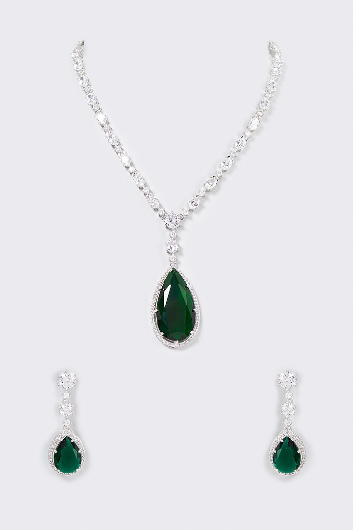 White Finish Emerald Long Necklace Set by Saga Jewels at Pernia's Pop Up Shop