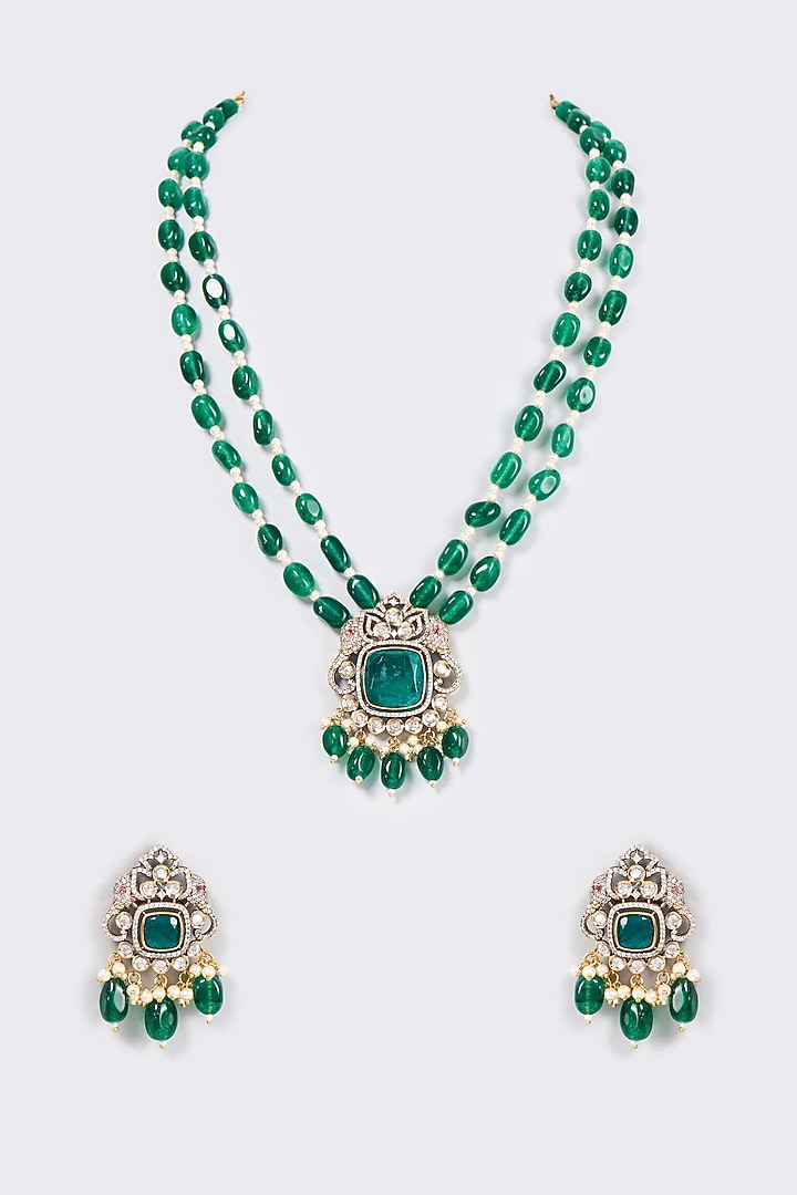 Gold Finish Green Pearl & Emerald Long Necklace Set by Saga Jewels at Pernia's Pop Up Shop