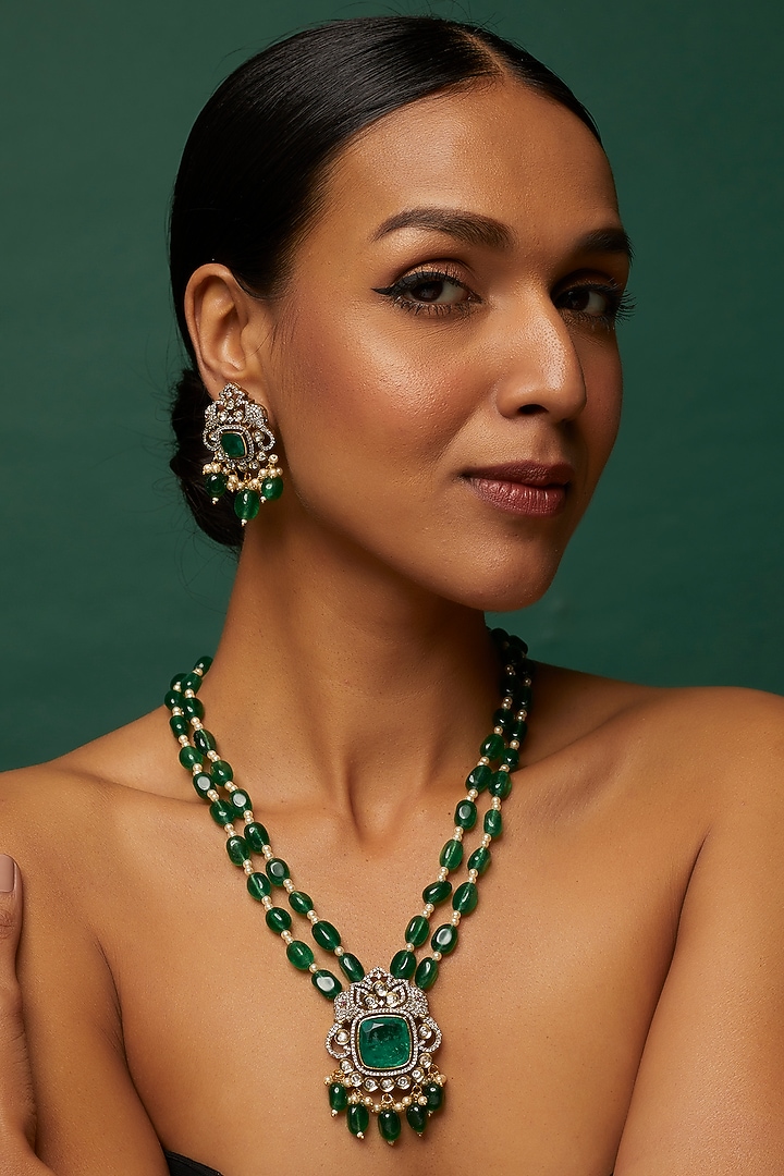 Gold Finish Green Pearl & Emerald Long Necklace Set by Saga Jewels at Pernia's Pop Up Shop