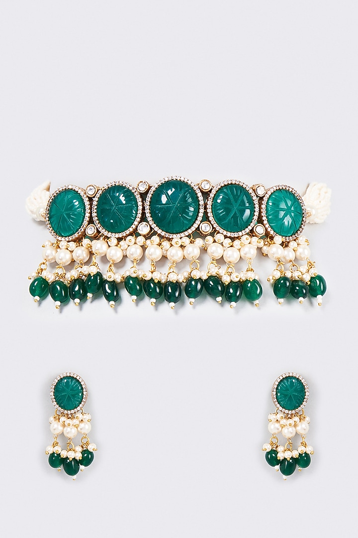 Gold Finish Green Linear Stone Choker Necklace Set by Saga Jewels at Pernia's Pop Up Shop