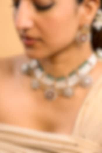 Gold Finish Green Kundan Polki Temple Choker Necklace Set by Saga Jewels at Pernia's Pop Up Shop