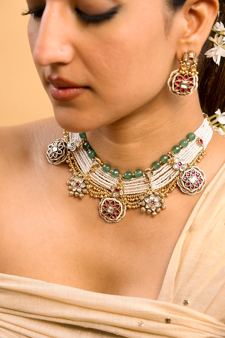Gold Finish Green Kundan Polki Temple Choker Necklace Set by Saga Jewels at Pernia's Pop Up Shop