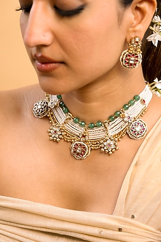 Gold Finish Green Kundan Polki Temple Choker Necklace Set by Saga Jewels