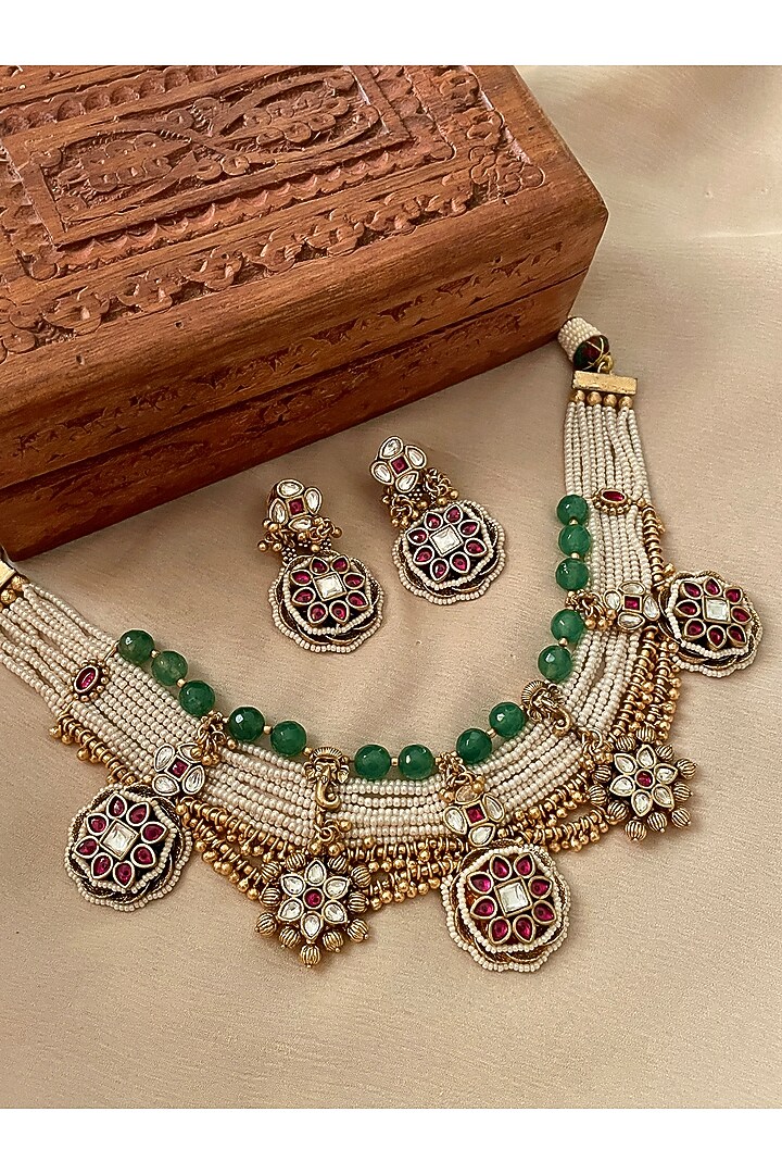 Gold Finish Green Kundan Polki Temple Choker Necklace Set by Saga Jewels at Pernia's Pop Up Shop