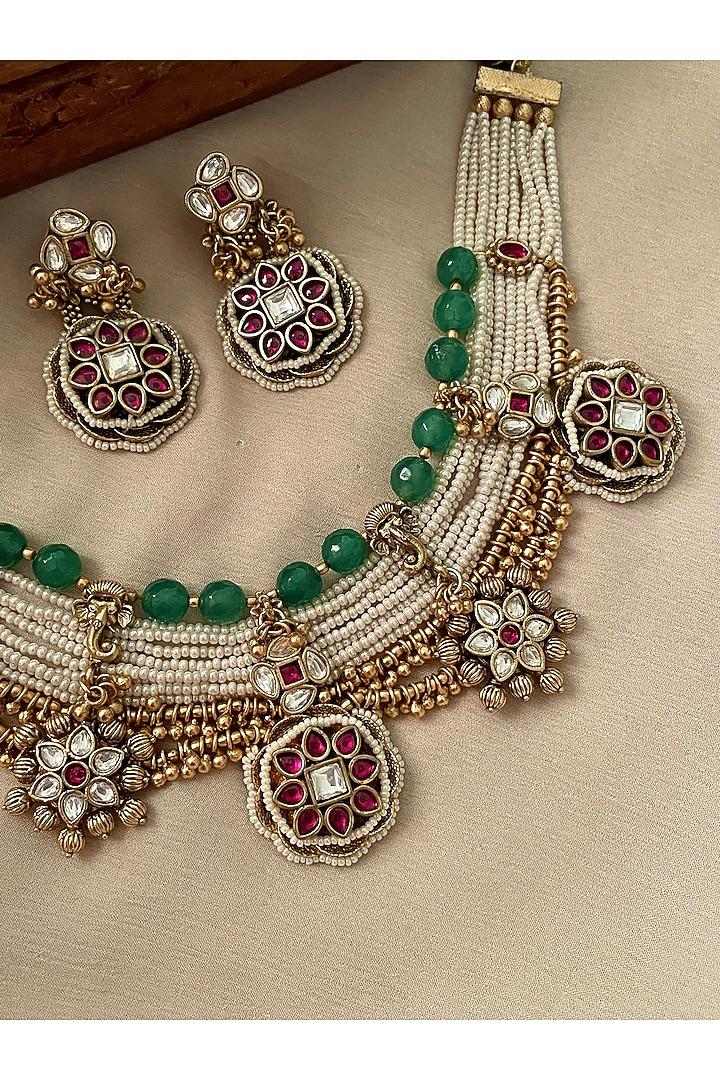 Gold Finish Green Kundan Polki Temple Choker Necklace Set by Saga Jewels at Pernia's Pop Up Shop