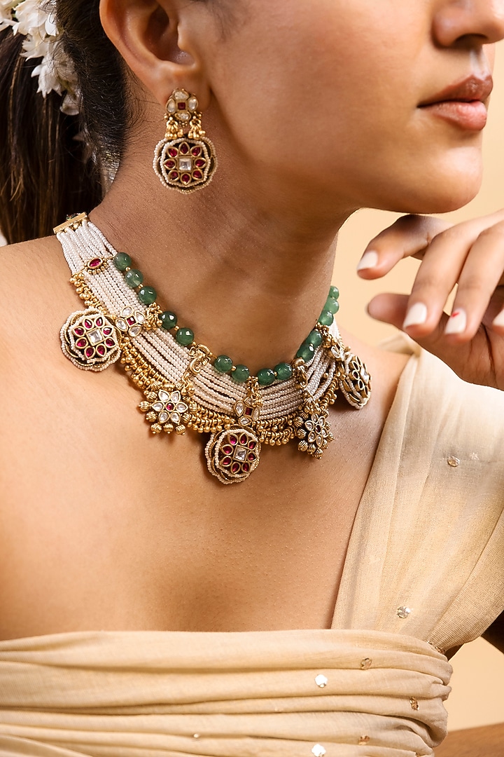 Gold Finish Green Kundan Polki Temple Choker Necklace Set by Saga Jewels at Pernia's Pop Up Shop