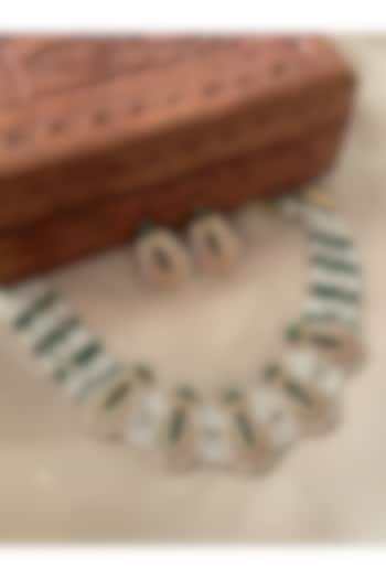 Gold Finish Green Kundan Polki & Pearl Temple Choker Necklace Set by Saga Jewels at Pernia's Pop Up Shop