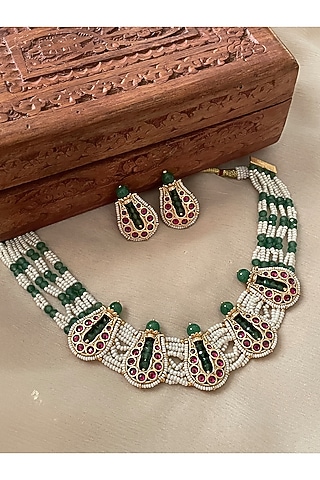 Gold Finish Green Kundan Polki & Pearl Temple Choker Necklace Set by Saga Jewels