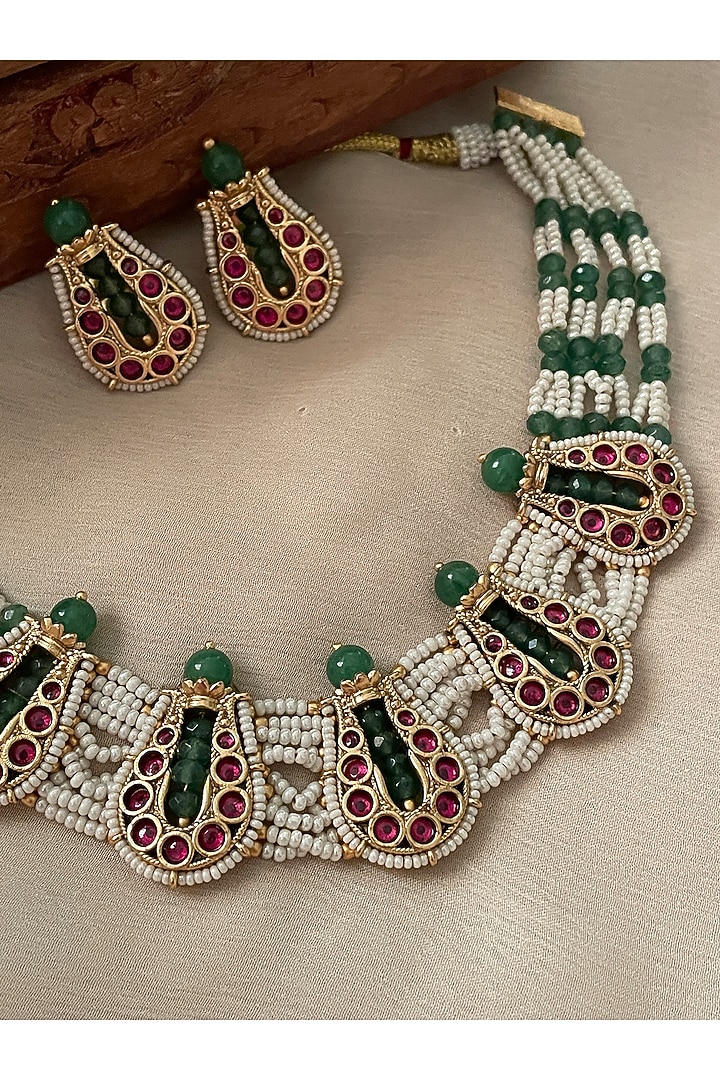 Gold Finish Green Kundan Polki & Pearl Temple Choker Necklace Set by Saga Jewels at Pernia's Pop Up Shop