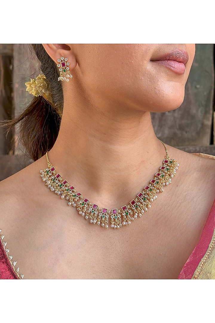 Gold Finish Red Kundan Polki Temple Choker Necklace Set by Saga Jewels at Pernia's Pop Up Shop