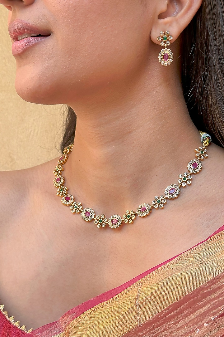 Gold Finish Red Kundan Polki Temple Choker Necklace Set by Saga Jewels at Pernia's Pop Up Shop