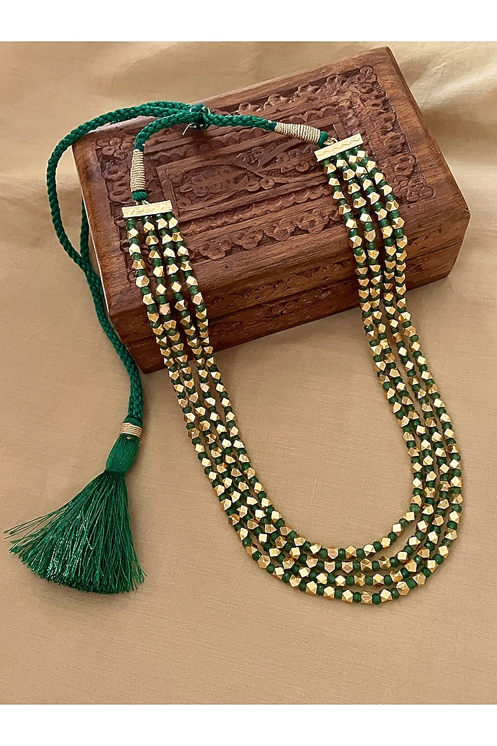 Gold Finish Green Beaded Long Necklace by Saga Jewels at Pernia's Pop Up Shop