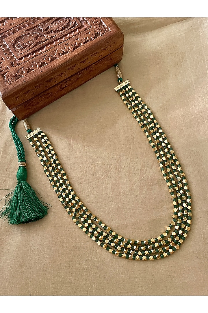 Gold Finish Green Beaded Long Necklace by Saga Jewels at Pernia's Pop Up Shop