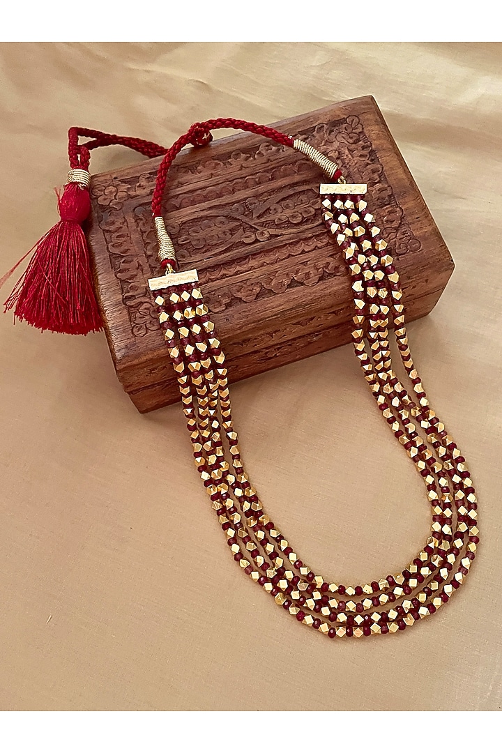 Gold Finish Red Beaded Long Necklace by Saga Jewels at Pernia's Pop Up Shop