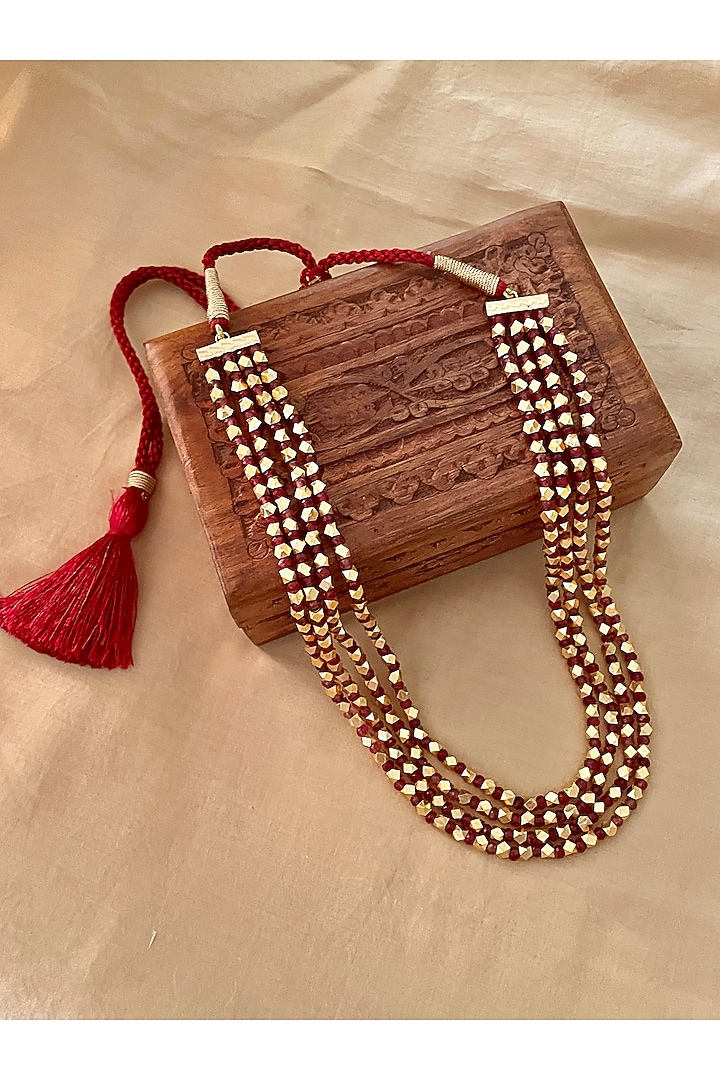 Gold Finish Red Beaded Long Necklace by Saga Jewels at Pernia's Pop Up Shop
