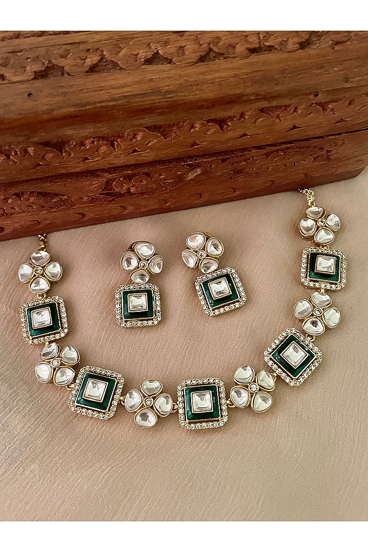 Gold Finish Green Kundan Polki Enameled Choker Necklace Set by Saga Jewels at Pernia's Pop Up Shop