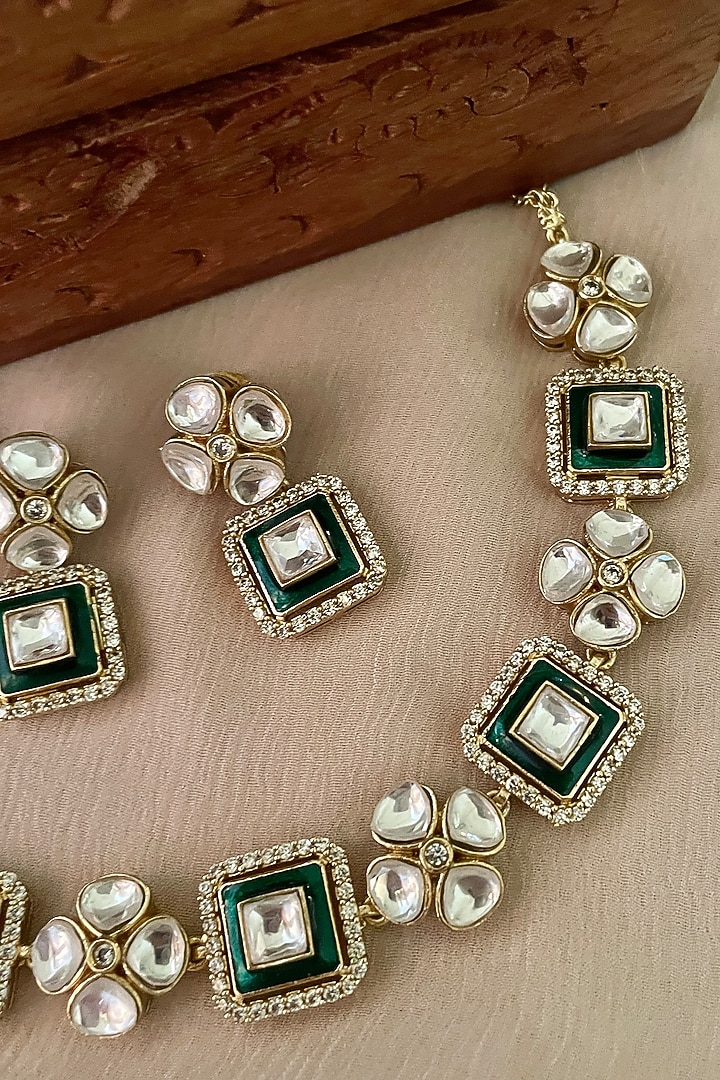 Gold Finish Green Kundan Polki Enameled Choker Necklace Set by Saga Jewels at Pernia's Pop Up Shop